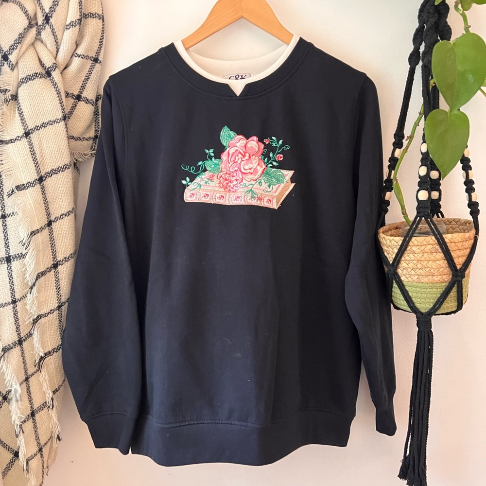 VTG 90s Grandmacore Sweater with Book + Rose